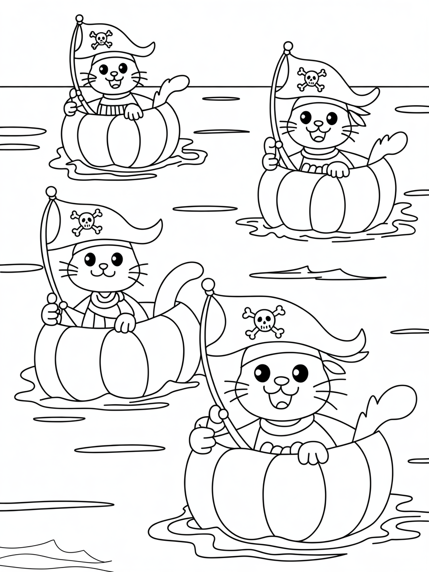 Pirate cats sailing in pumpkin boats - Free Coloring Page