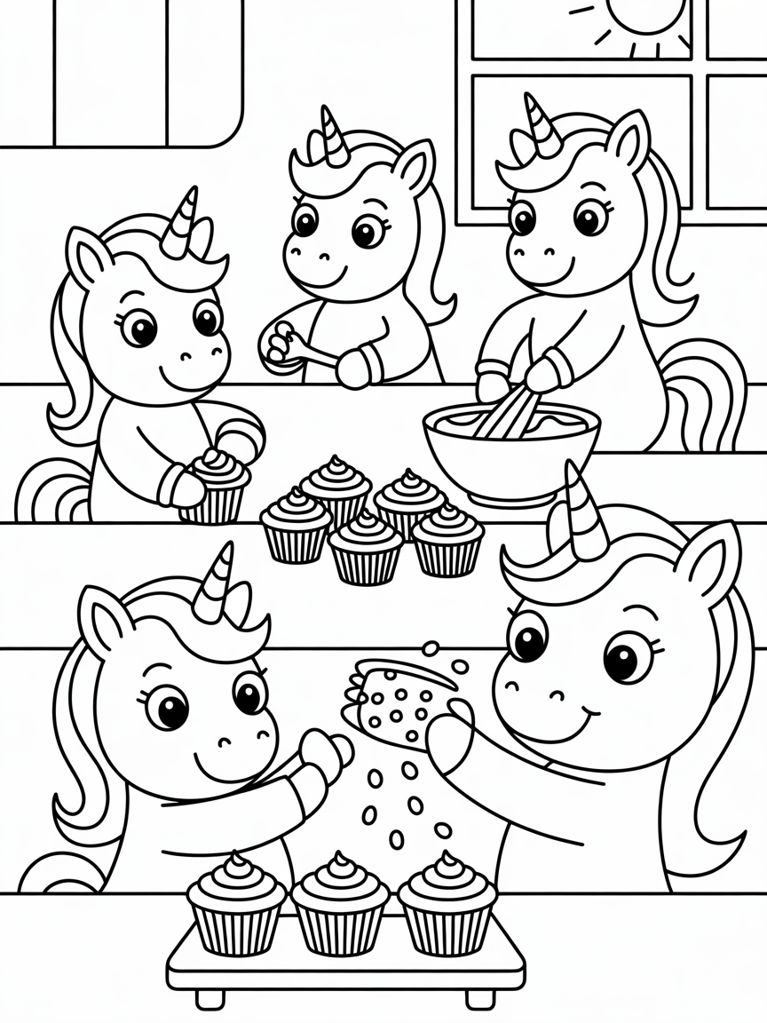 Unicorns baking cupcakes together - Free Coloring Page