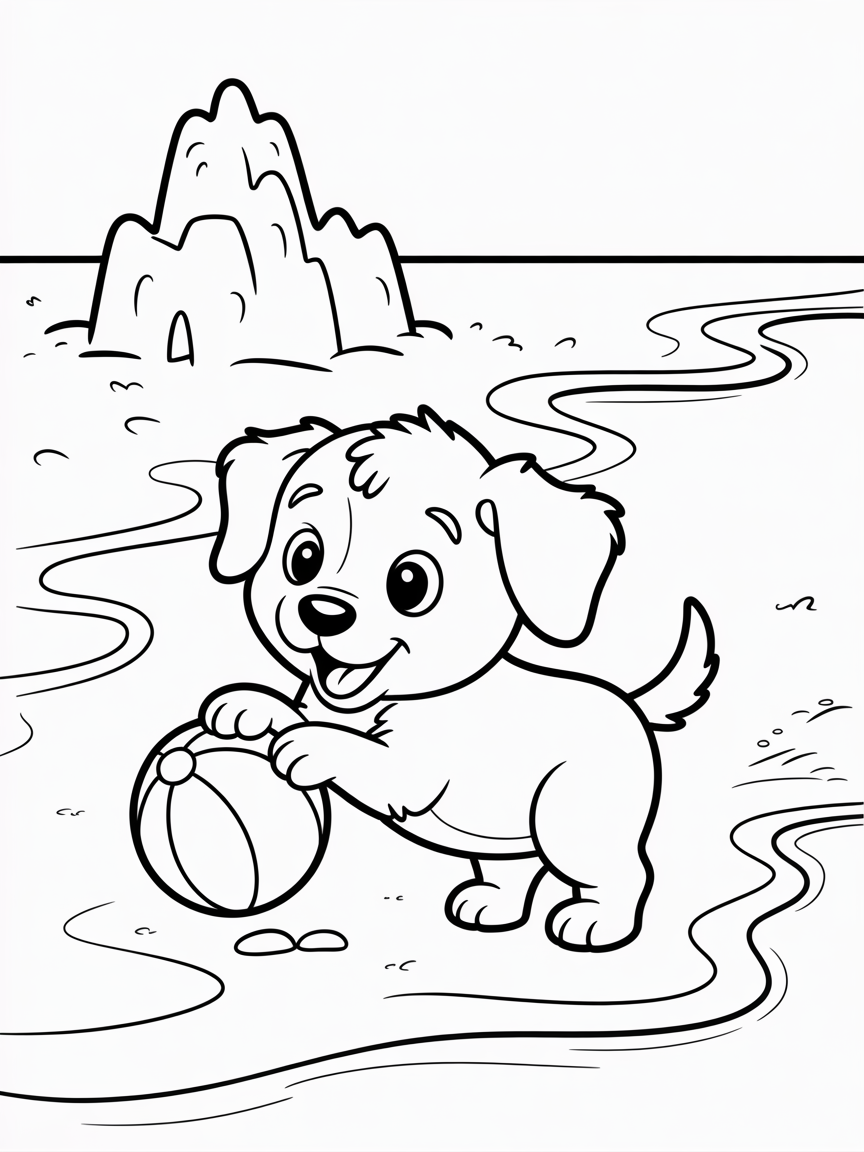 Un perrito jugando el la playa - Free Coloring Page