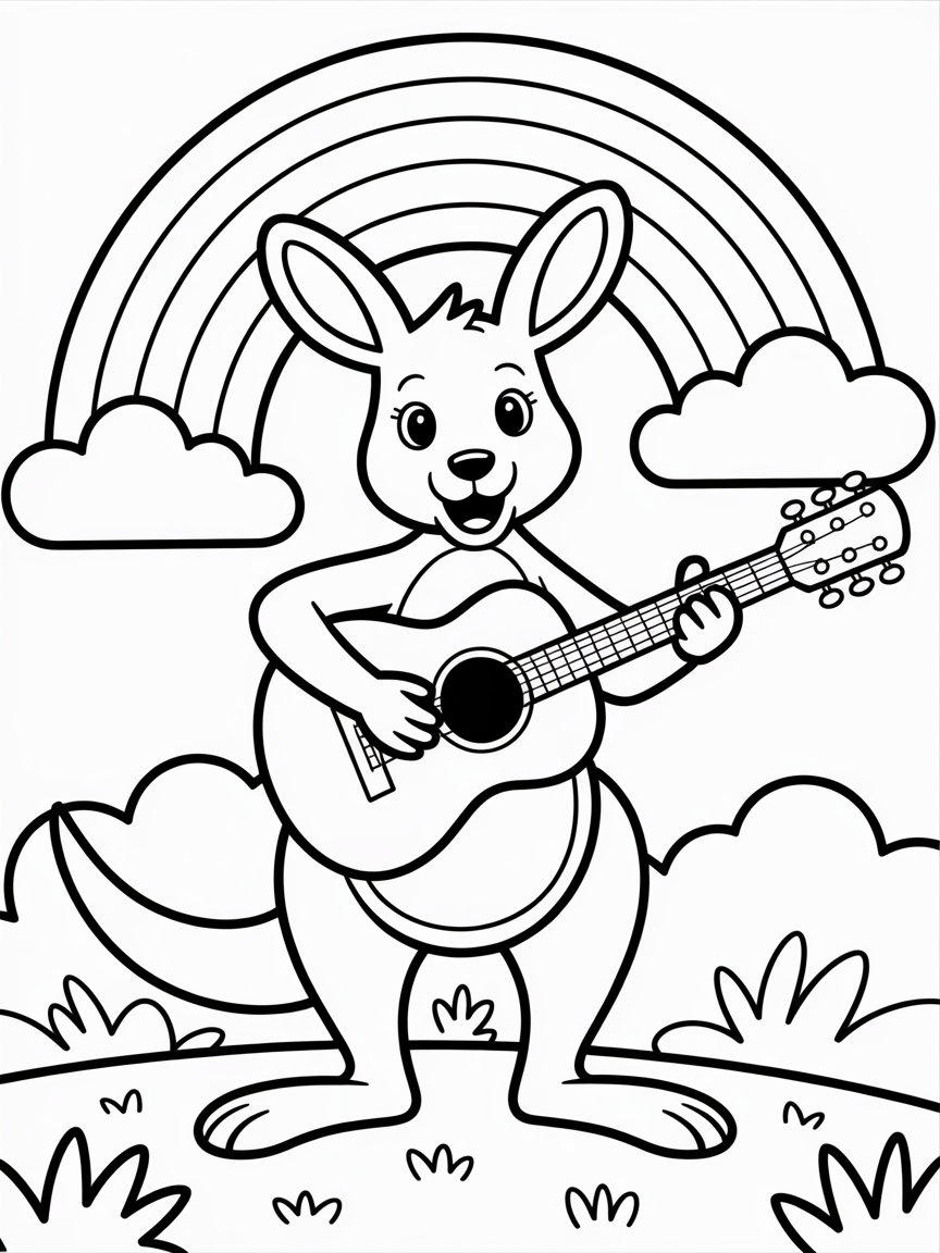 Kangaroo playing guitar under rainbow - Free Coloring Page