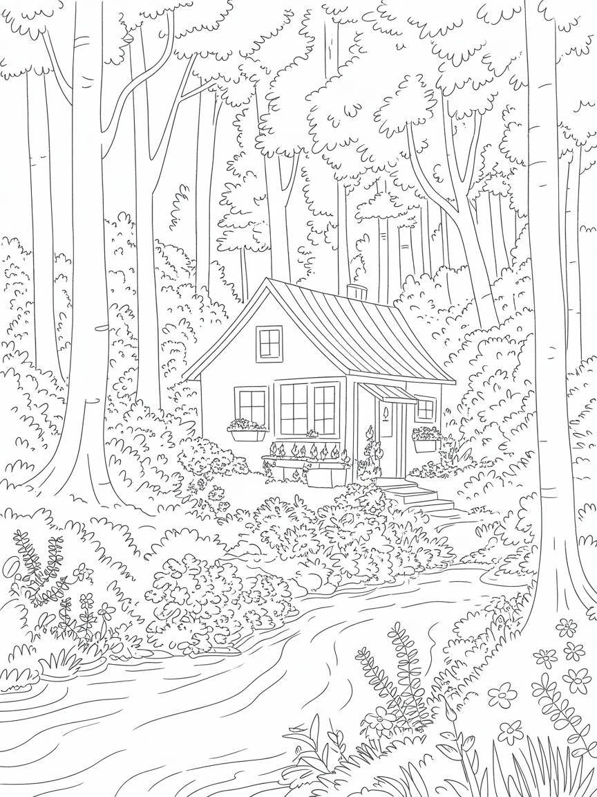 Small red house in a forest with a creek - Free Coloring Page