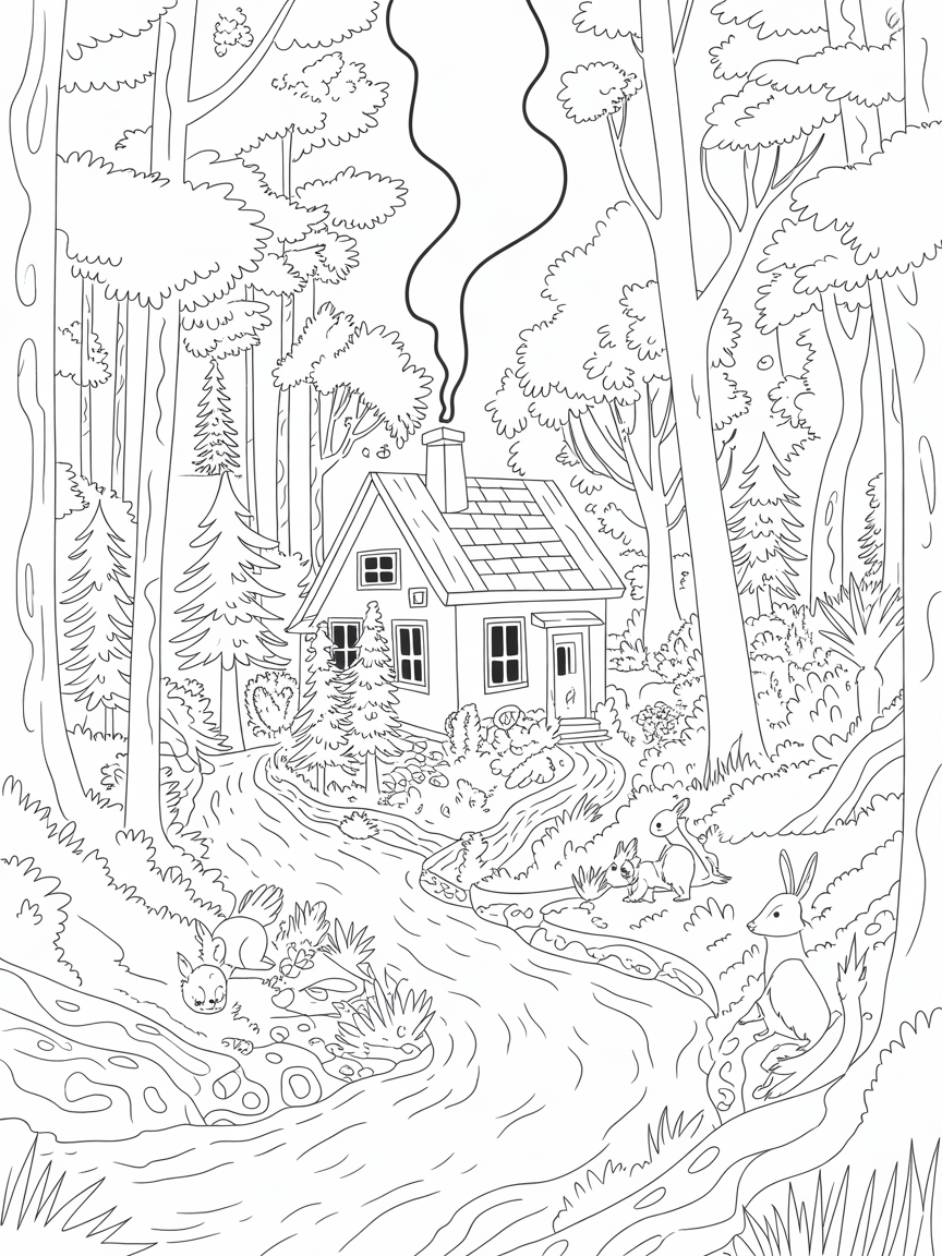 Small red house in a forest with a creek and animals - Free Coloring Page