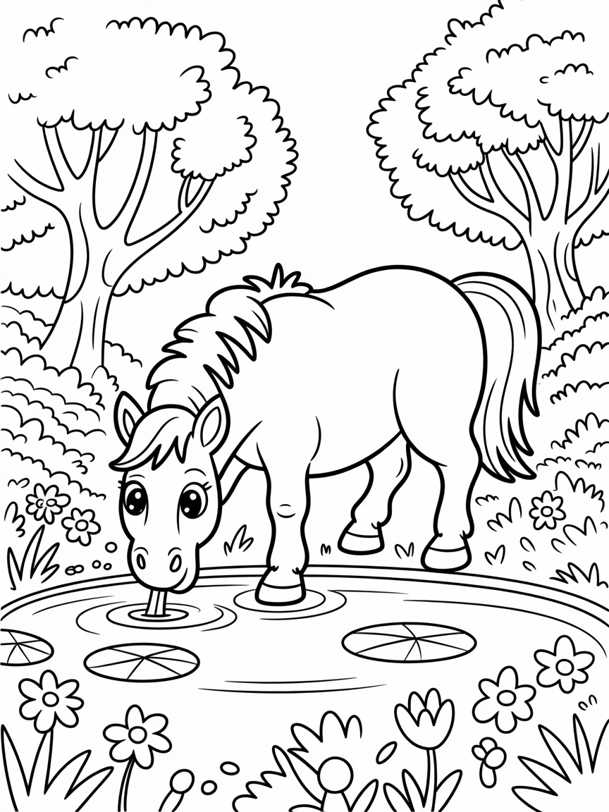 Horse water flowers trees - Free Coloring Page
