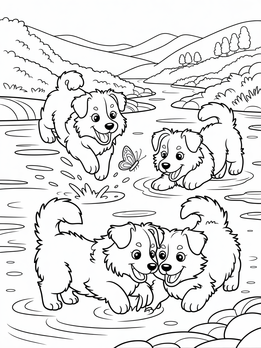 Shelties playing in the river at Beddgelert - Free Coloring Page