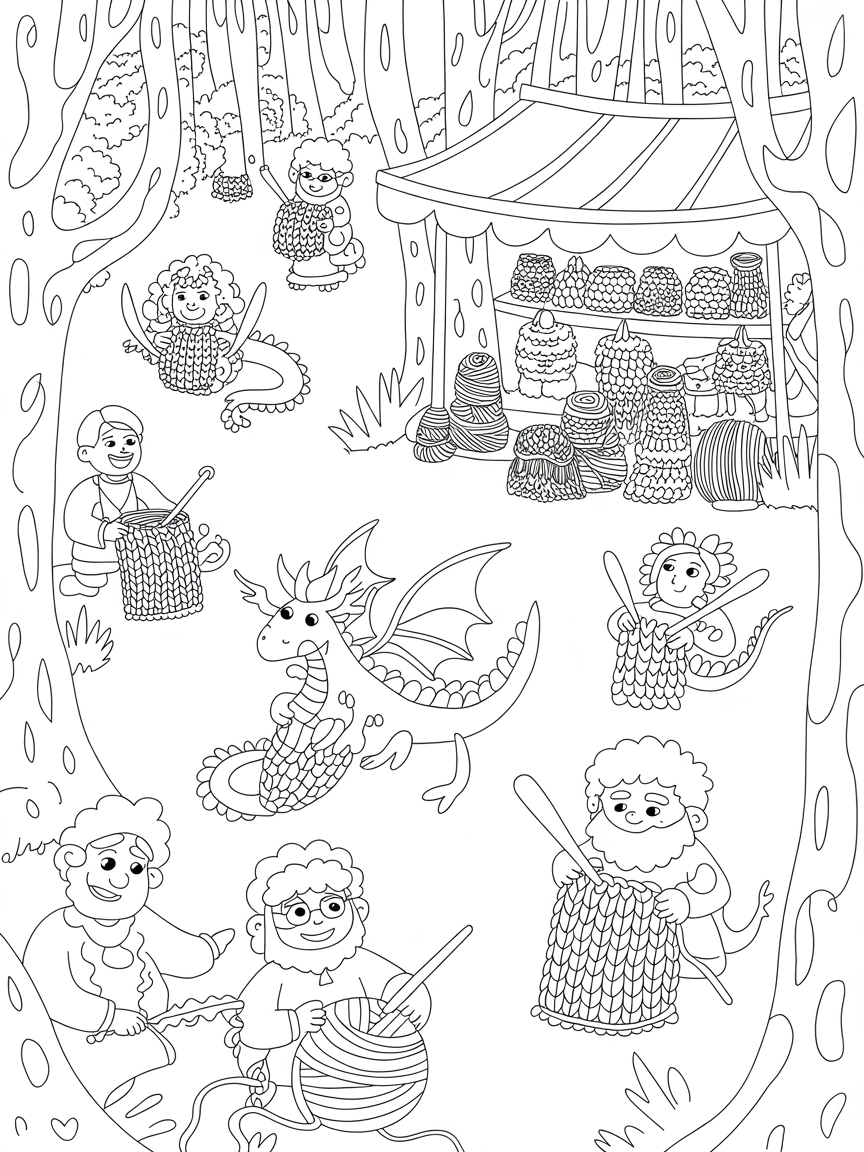 A magical forest with forest folk. These are magical little beings. There is a clearing in this forest with a yarn shop and some of the folk are crocheting dragons. They even have a little covered stalls selling there items - Free Coloring Page