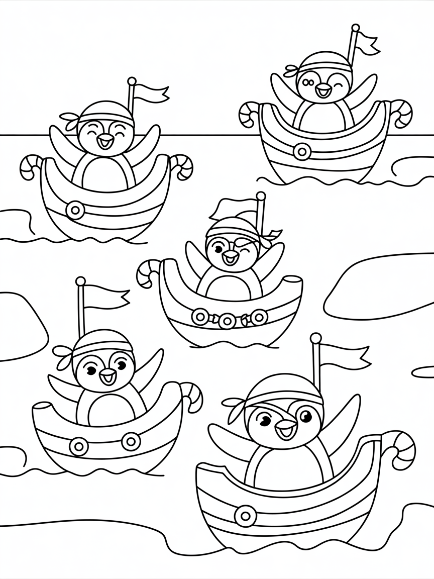 Pirate penguins sailing candy cane ships - Free Coloring Page
