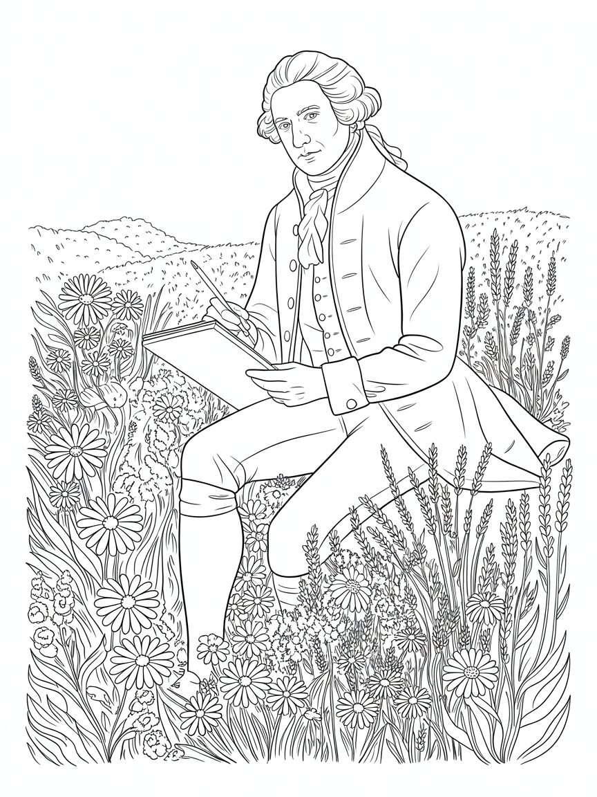 1780s male artist in a flower field - Free Coloring Page