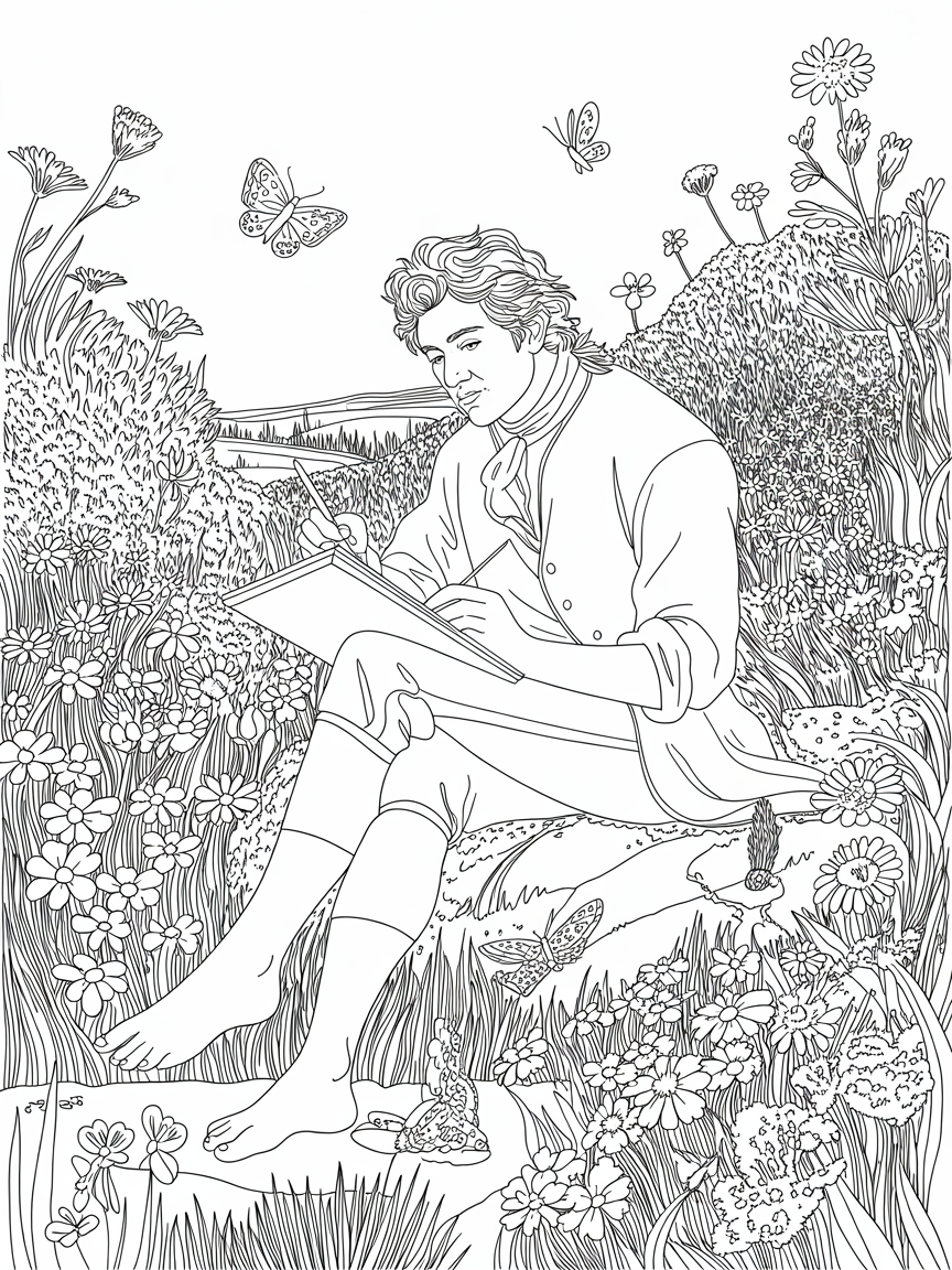 1780s male artist in a flower field without shoes - Free Coloring Page