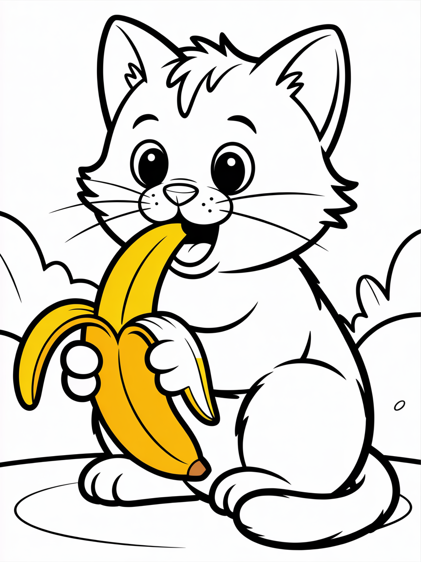 Cat eating banana - Free Coloring Page