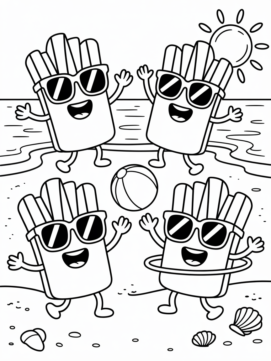 Happy fries dancing on the beach - Free Coloring Page