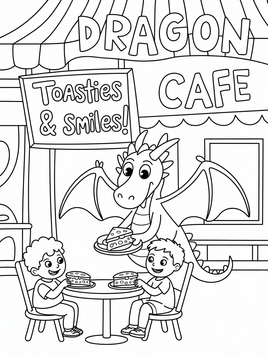 Dragon cafe with cheese and toasties - Free Coloring Page