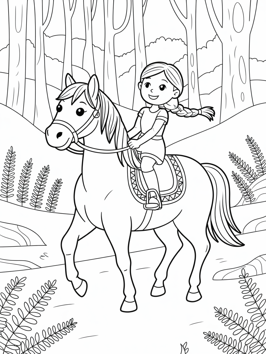 A girl riding a horse in the forest - Free Coloring Page