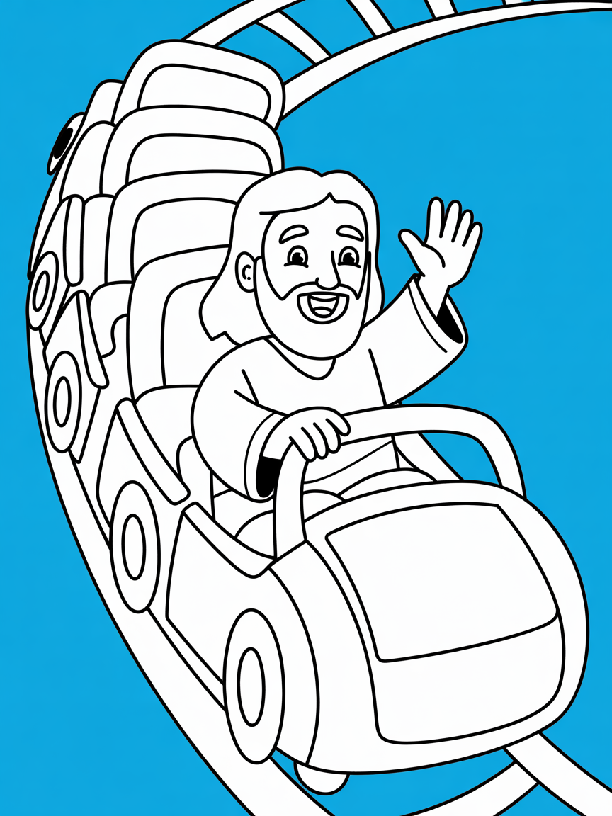 Jesus riding a rollercoaster - Free Coloring Page