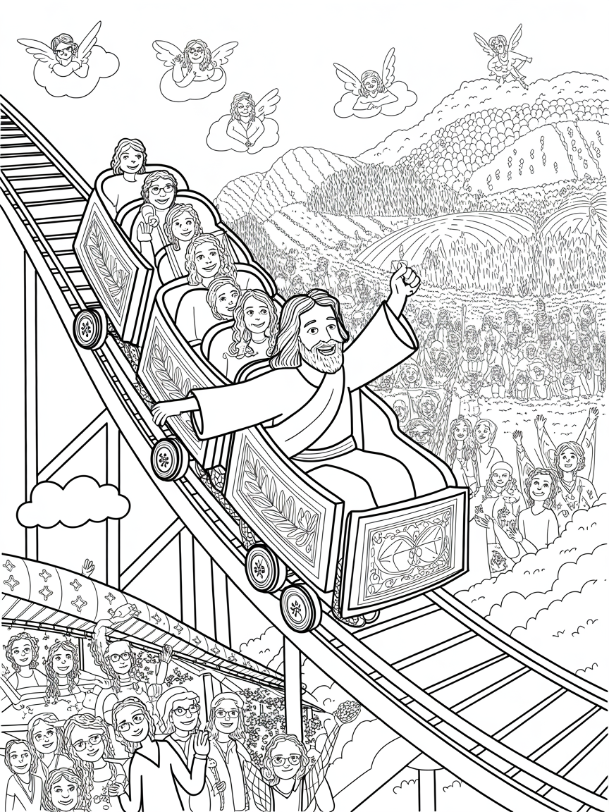 Jesus riding a rollercoaster - Free Coloring Page