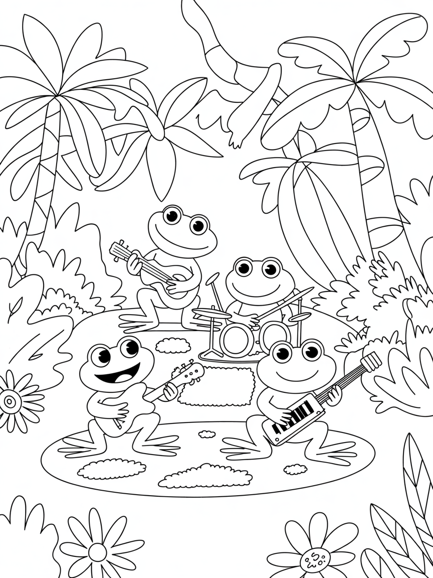 Frog rock band in the jungle - Free Coloring Page