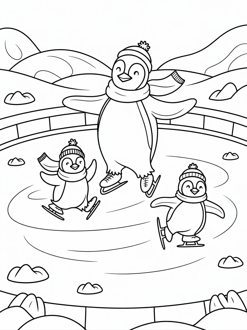 Penguin family ice-skating ballet - Free Coloring Page