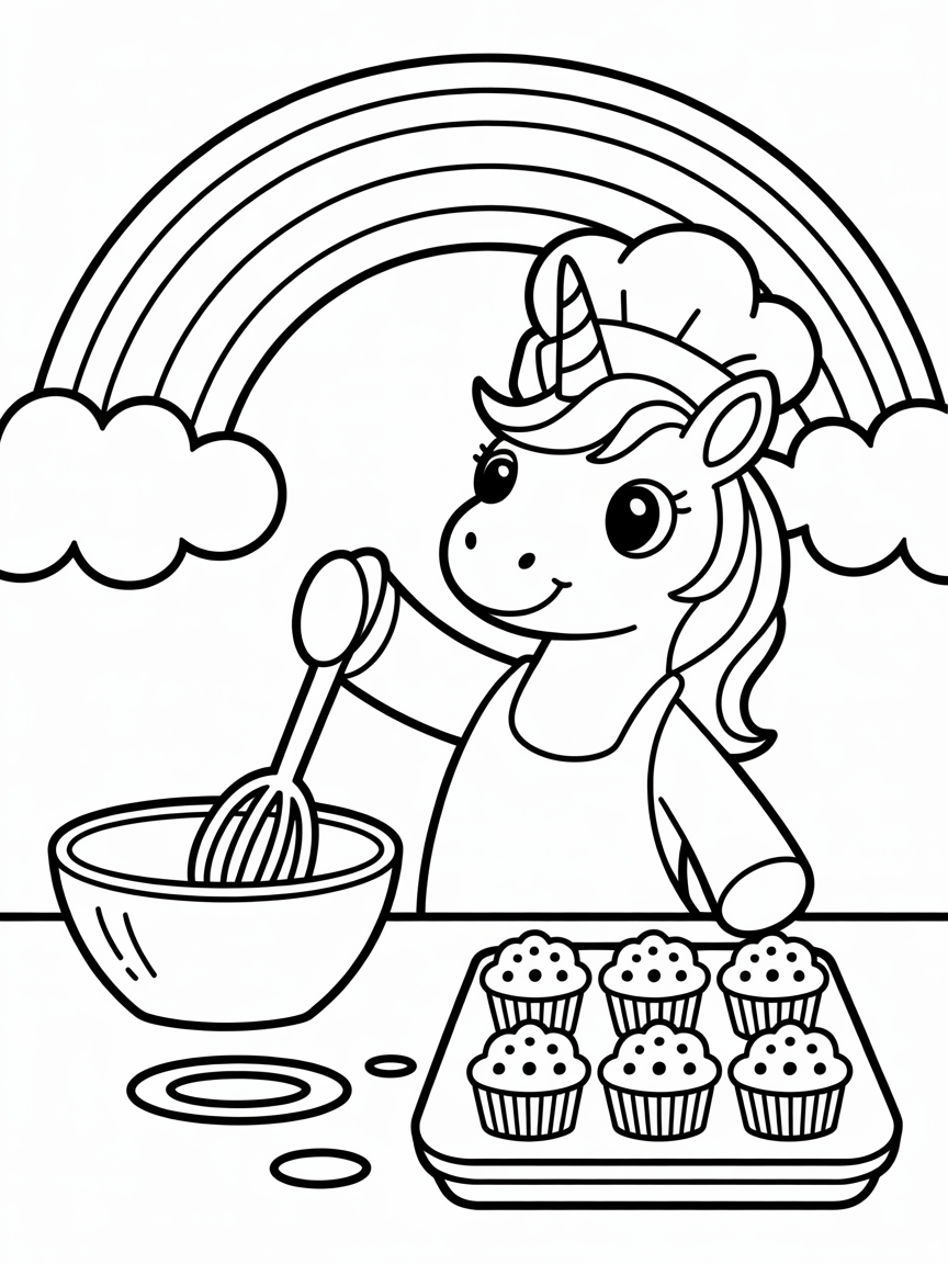 Unicorn baking cupcakes with rainbows - Free Coloring Page