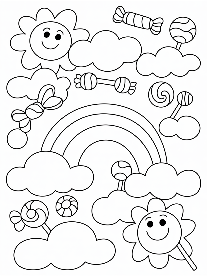 Clouds rainbows and sweets and sunshine faces - Free Coloring Page