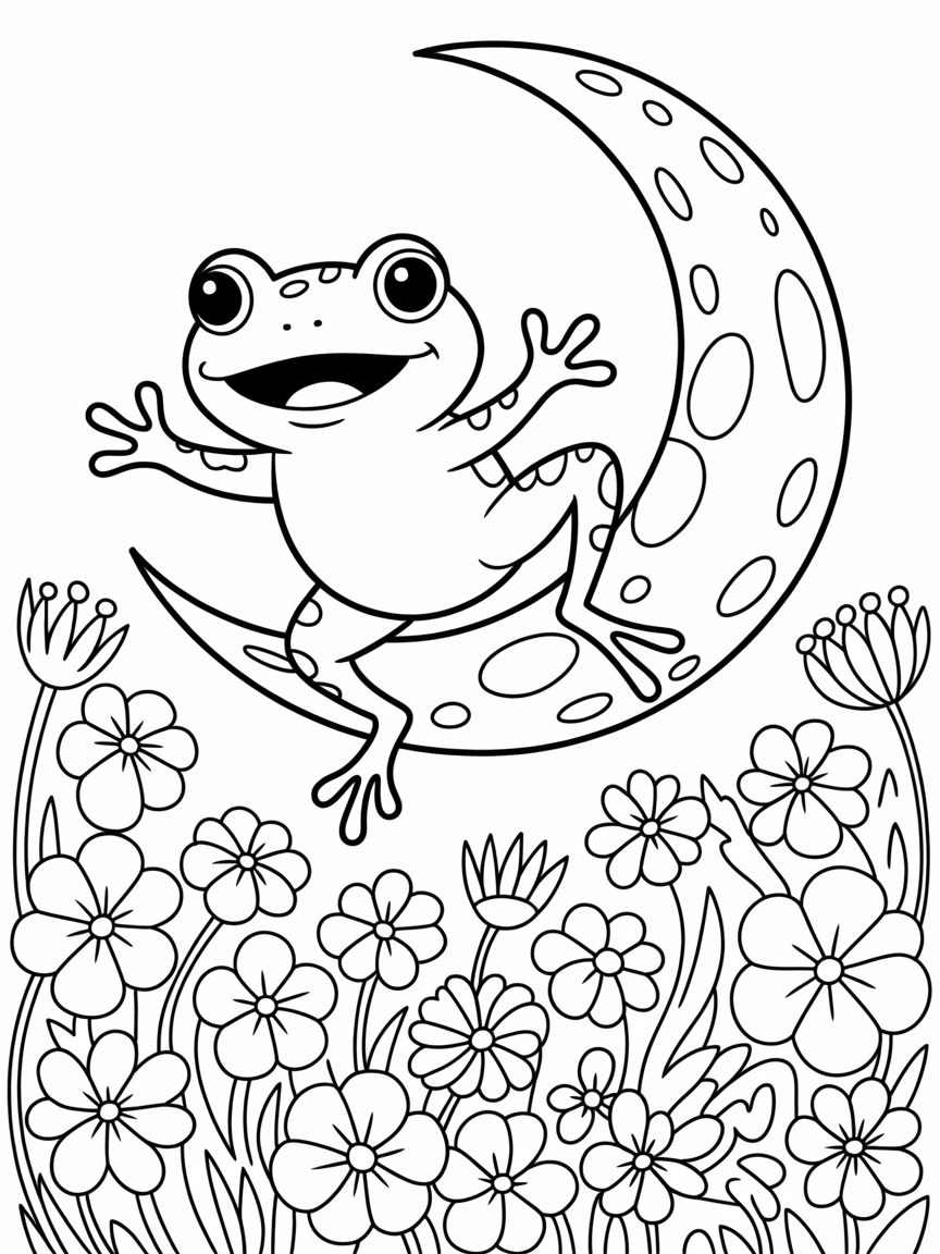 A frog hopping up on the moon with beautiful flowers - Free Coloring Page