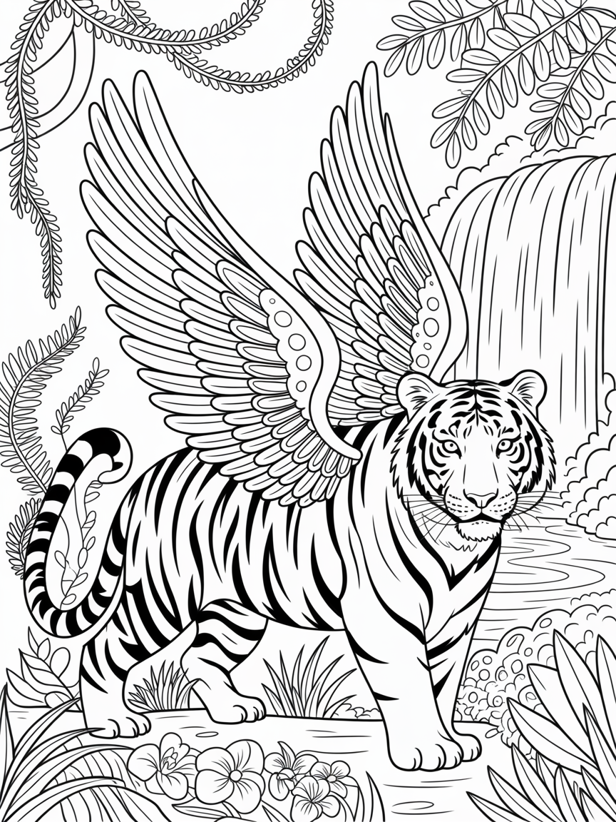 A tiger with angel wings - Free Coloring Page
