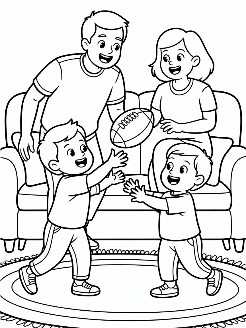 Fathers and son(1.5 yrs old) playing football and mom cheering them at home - Free Coloring Page