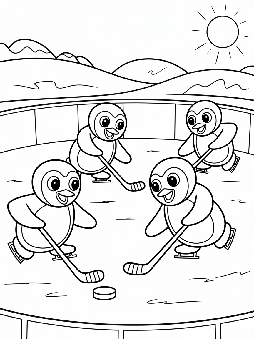 Penguins playing ice hockey match - Free Coloring Page