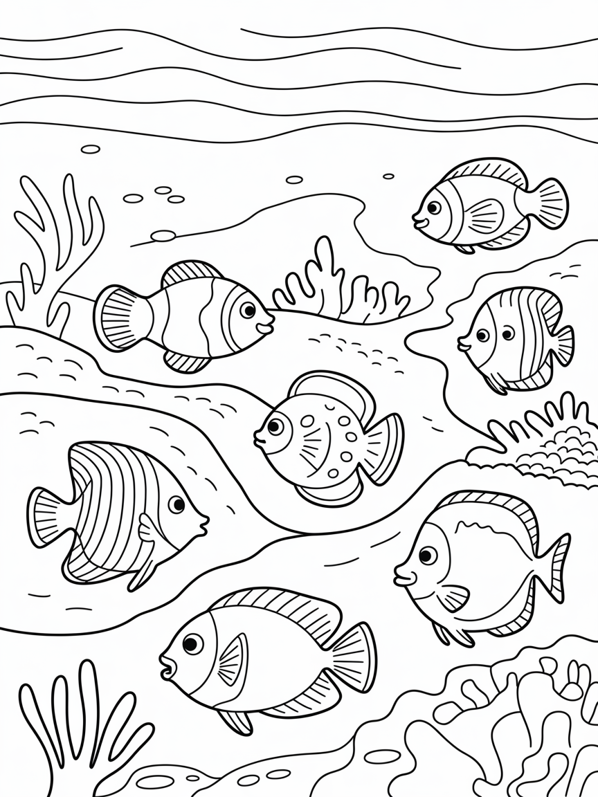 Reef scene with tropical fish - Free Coloring Page