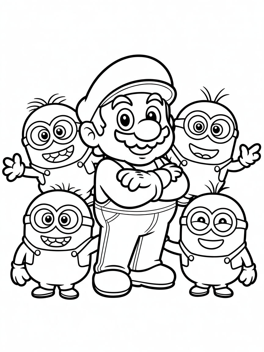 Super mario with minions - Free Coloring Page