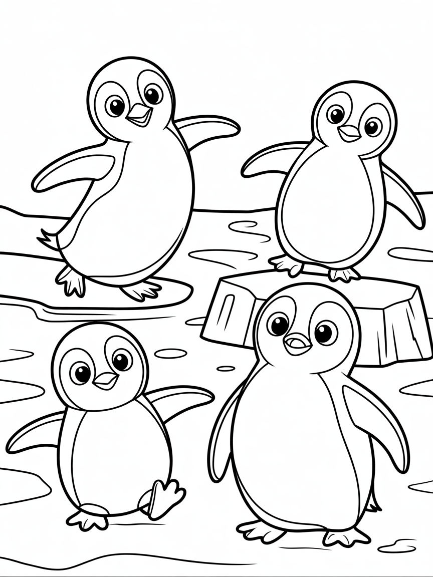 cute penguins on land with ice - Free Coloring Page