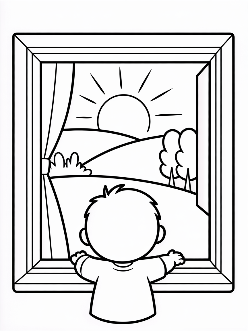 Looking through window at dawn - Free Coloring Page