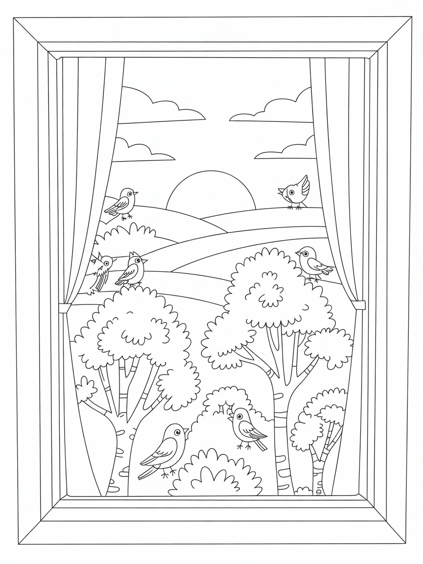 Looking through window at dawn to see birds in trees outside - Free Coloring Page