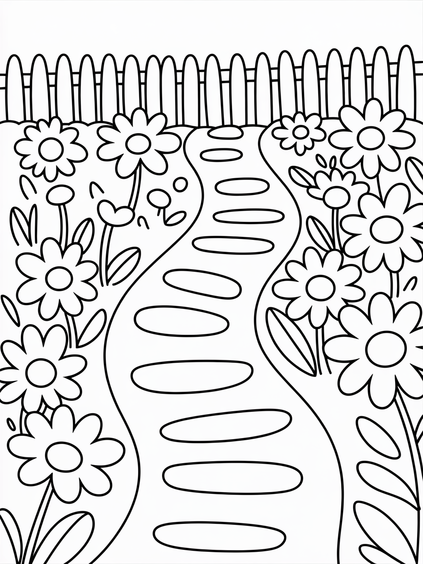 Garden path flowers - Free Coloring Page