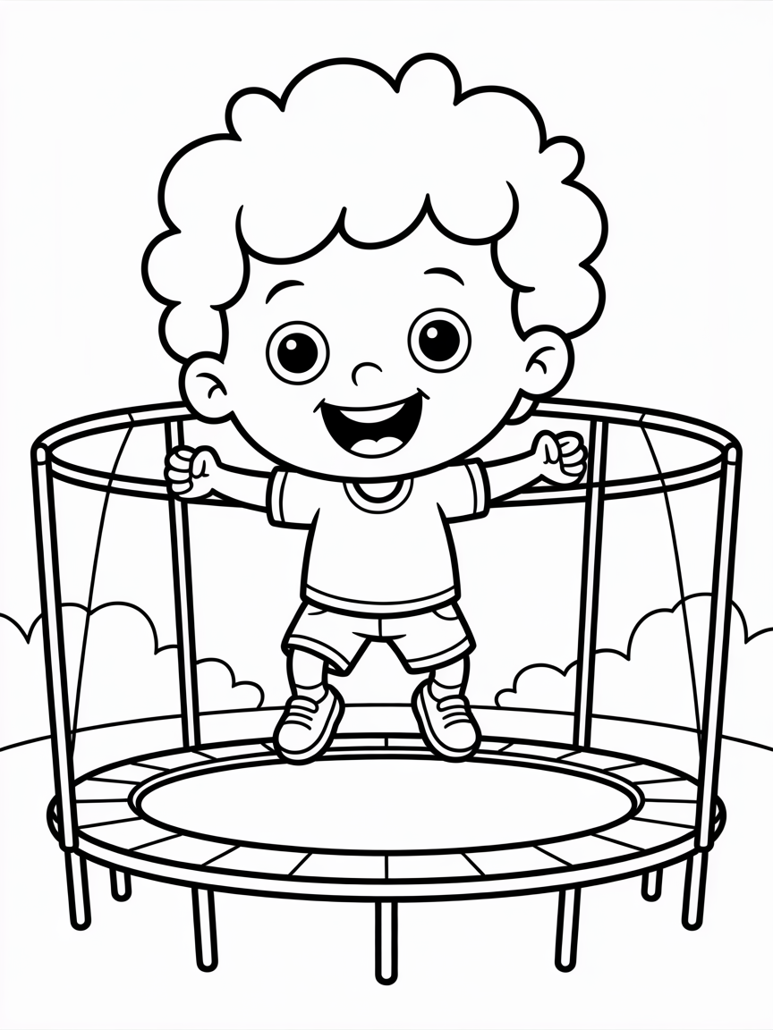 Little boy with curly hair on a trampoline - Free Coloring Page
