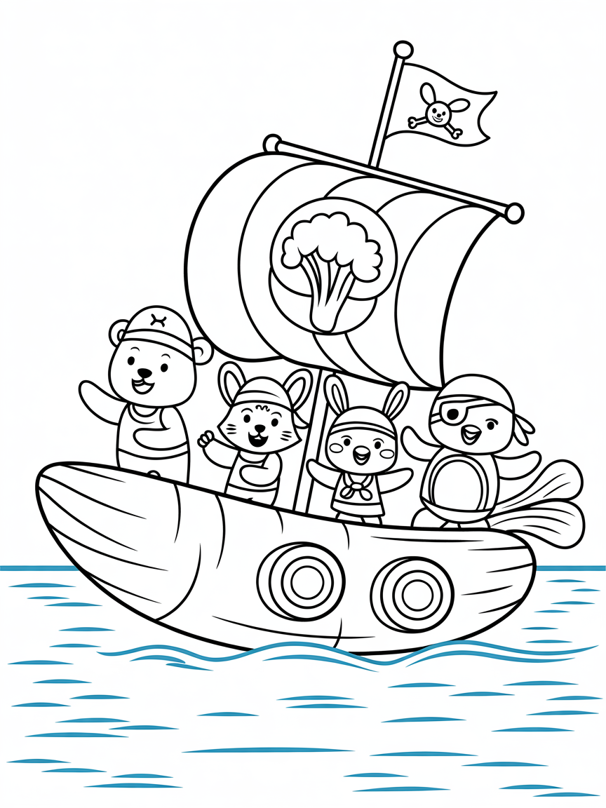 Pirate animals sailing a veggie ship - Free Coloring Page