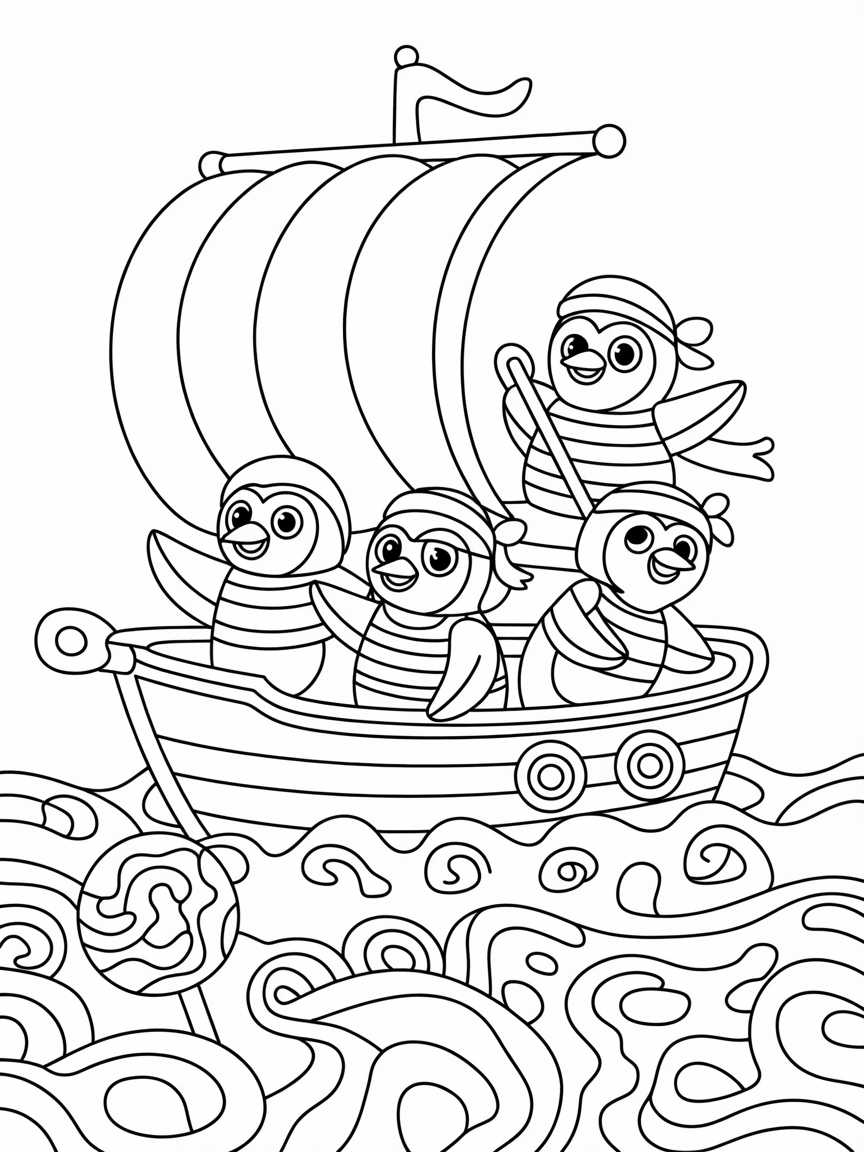 Pirate penguins sailing candy seas - Free Coloring Page