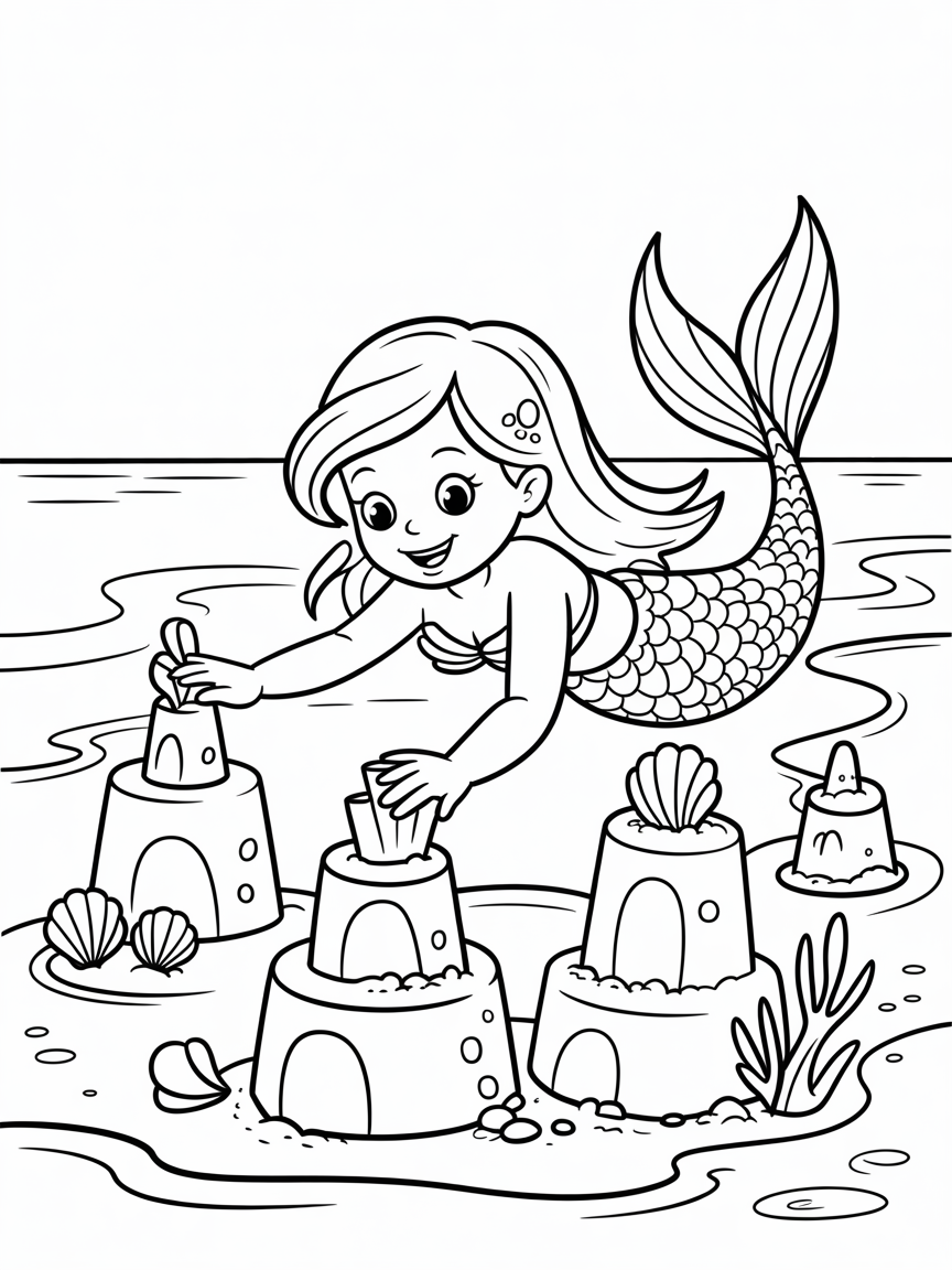 Mermaid building a sandcastle village - Free Coloring Page