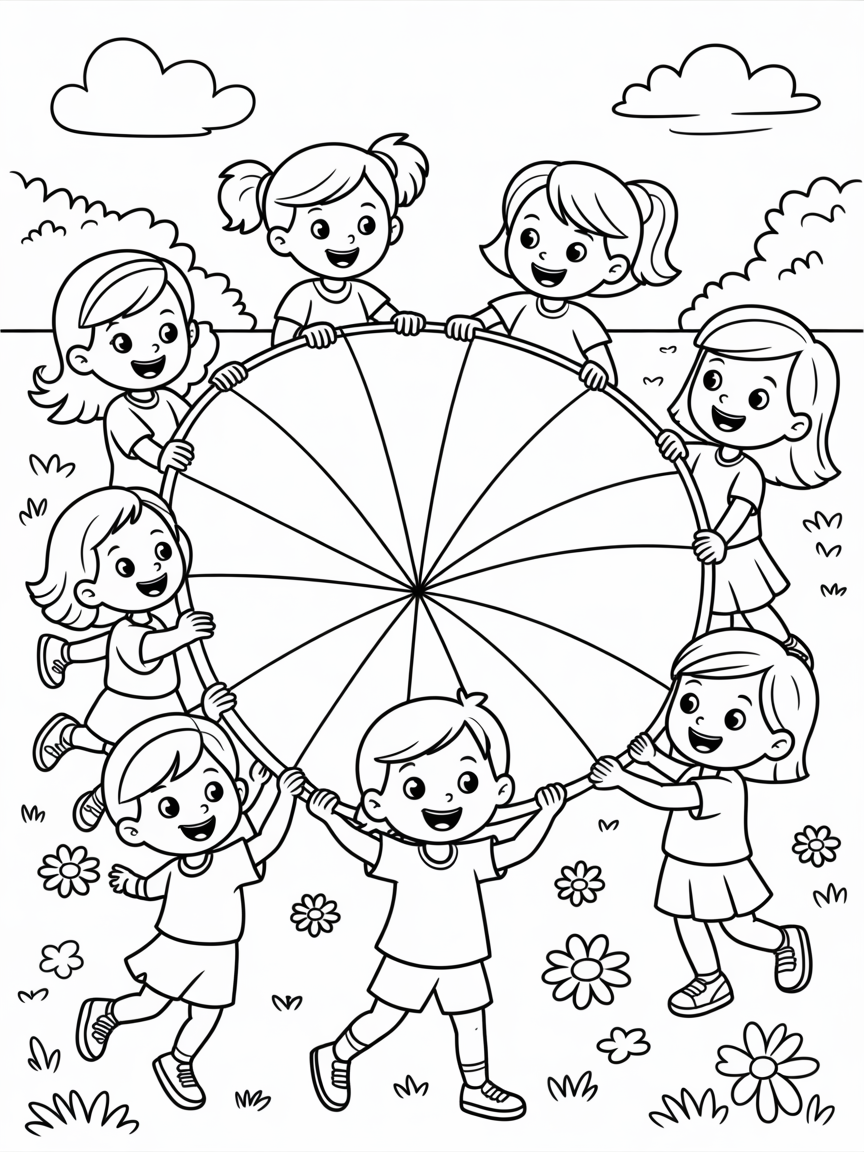 Group of girls playing parachute games - Free Coloring Page
