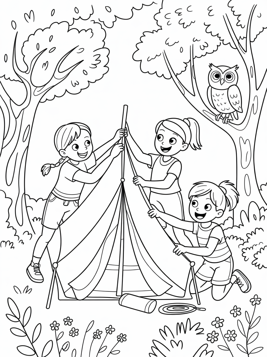 Group of girls pitching a tent in the woods with an owl in a tree - Free Coloring Page