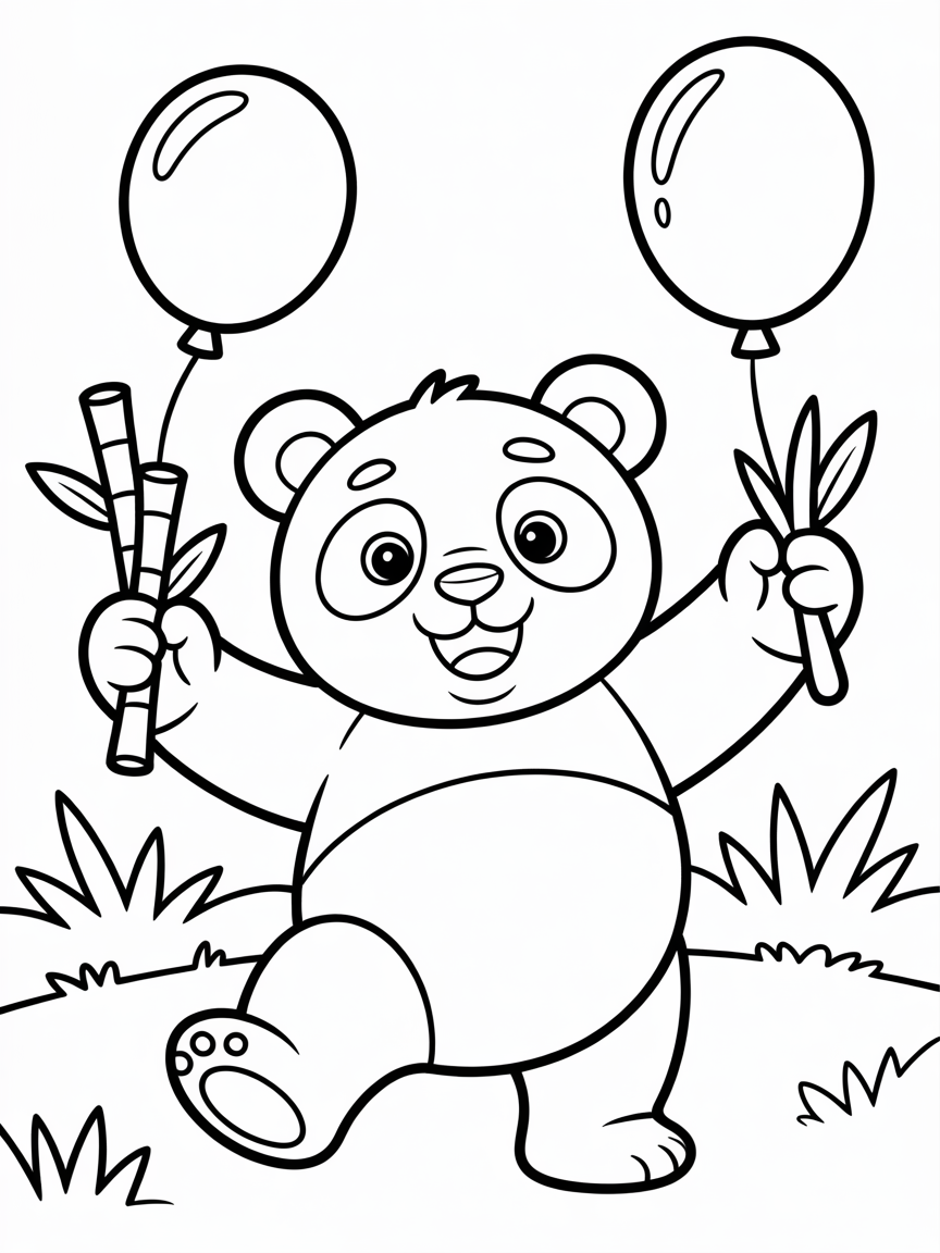 Panda juggling bamboo and balloons - Free Coloring Page