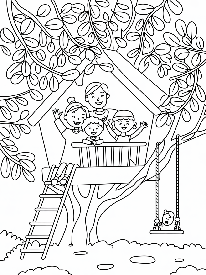 Family Holliday in a tree house - Free Coloring Page