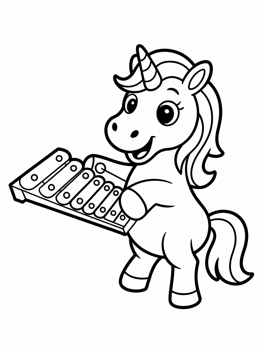 Unicorn playing a rainbow xylophone - Free Coloring Page