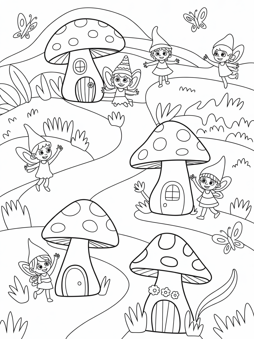Mushroom houses with fairies and gnomes and butterflies - Free Coloring Page