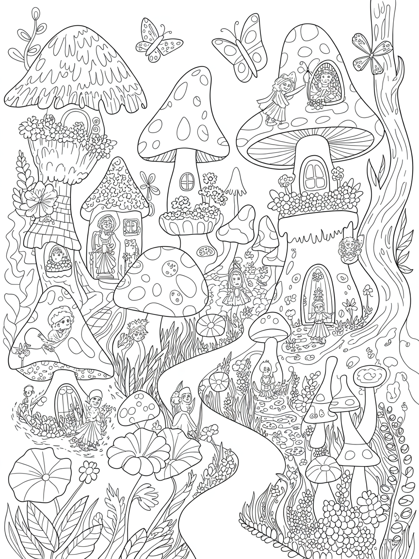 Mushroom houses with fairies and gnomes and butterflies - Free Coloring Page