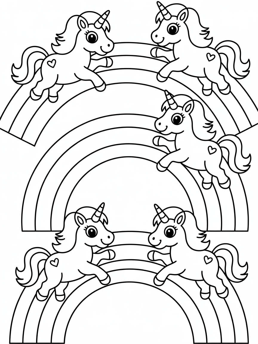 Pink fluffy unicorns dancing on rainbows - Free Coloring Page