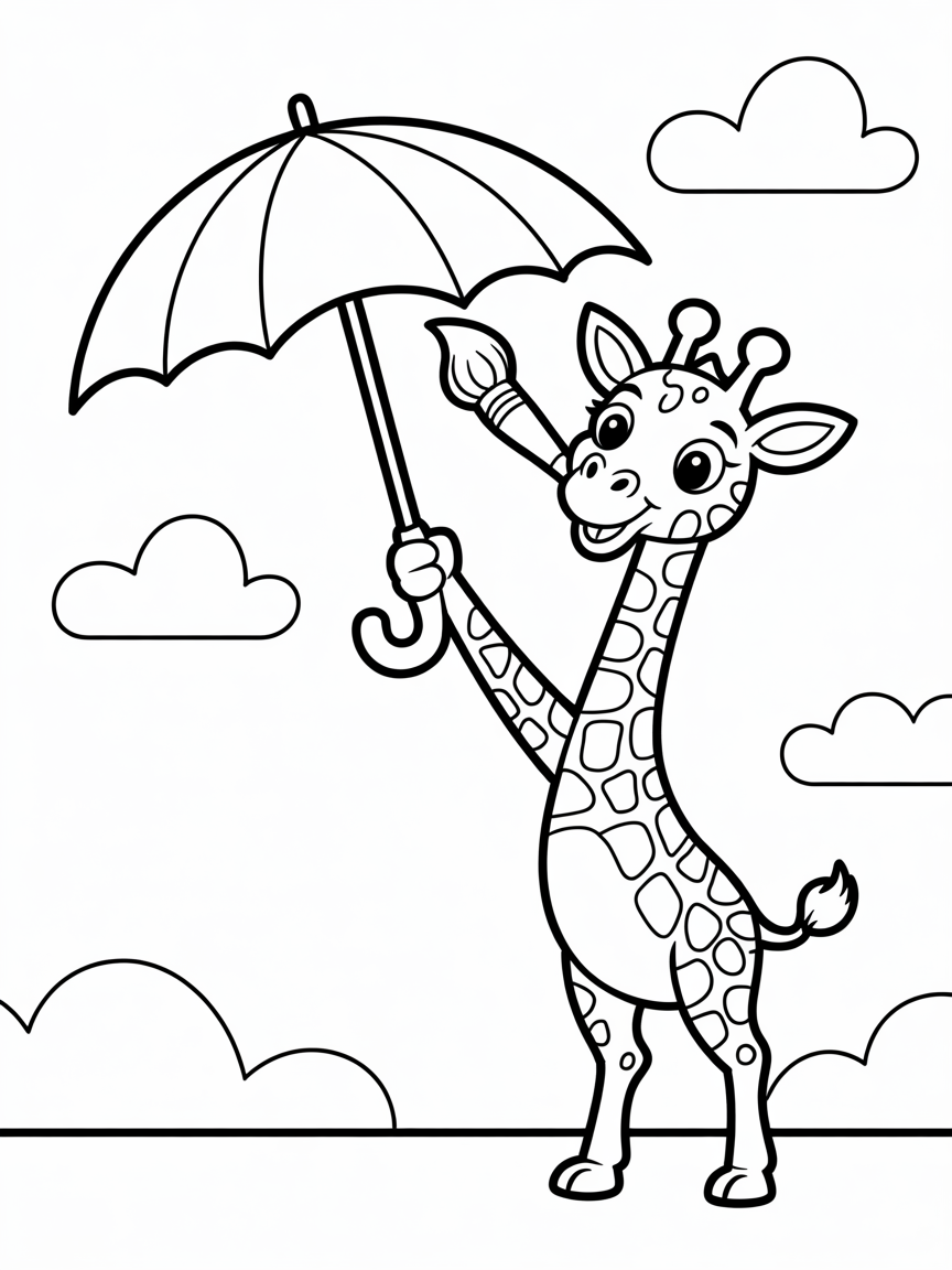 Giraffe painting a rainbow umbrella - Free Coloring Page
