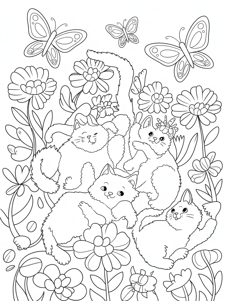 Flowers, butterflies and cats - Free Coloring Page