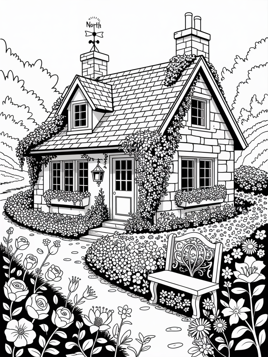 A cottage with a flower garden - Free Coloring Page