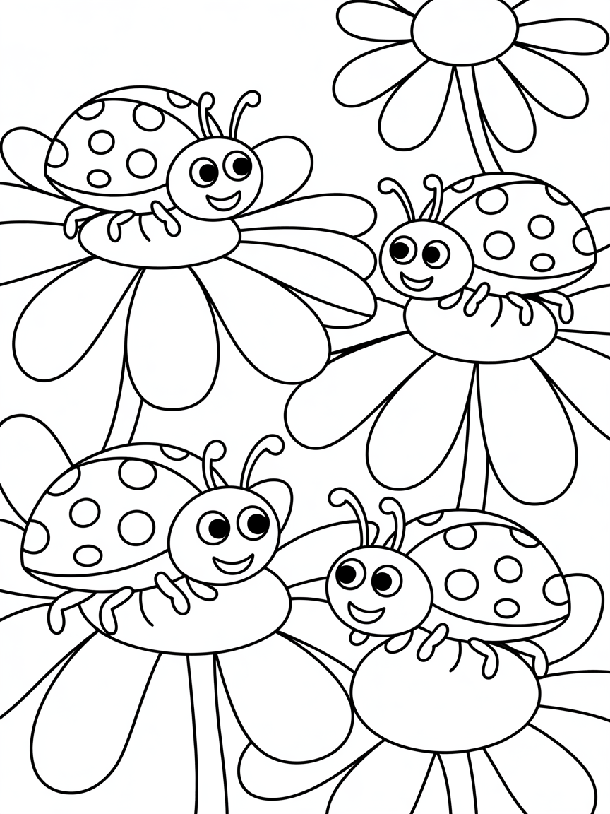 ladybugs on flowers - Free Coloring Page