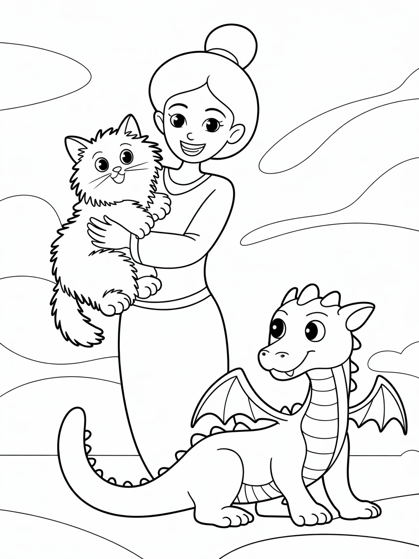 A female genie with her pet long haired cat and serpentine dragon - Free Coloring Page