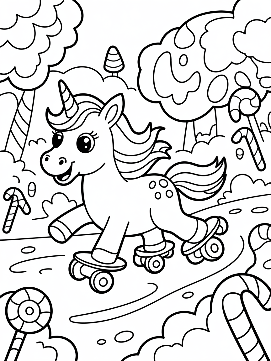 Unicorn rollerblading through candy forest - Free Coloring Page